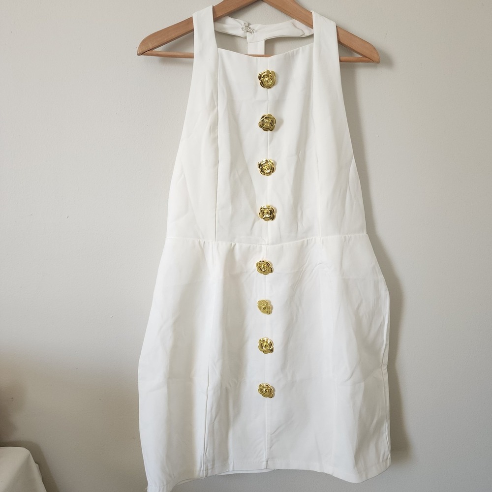NWT Womens Sunfere Rebecca Mini White Dress Gold Tone Floral Buttons MAKEUP M